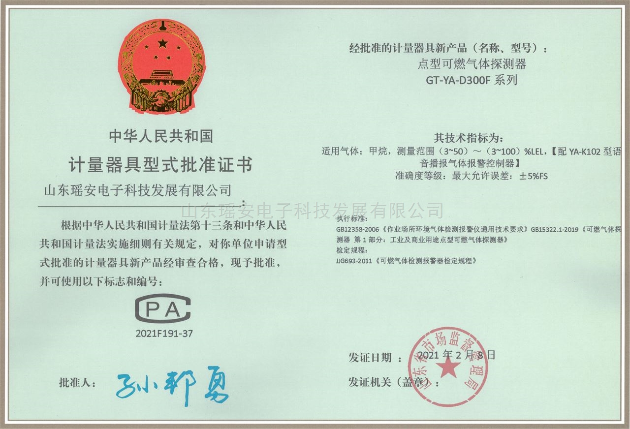 D300可燃型批計量器具型式批準證書